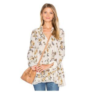 Free People Ivory Combo Pebble Crepe So Fine Smocked Long Sleeve